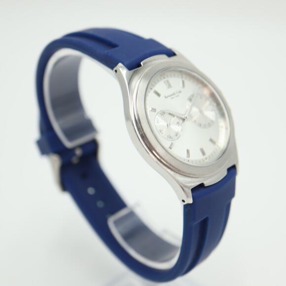 Kenneth Cole NY Mens Day Date Watch 37mm Silver Tone Blue Silicone w New Battery - Picture 10 of 16